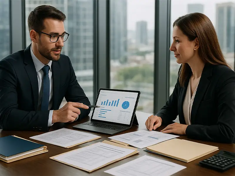 Consultor fiscal analizando documentos con cliente